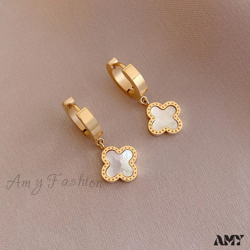 Amy Fashion - Titanium Steel Four-leave Clover Enamel Hoop Earrings - Image 6