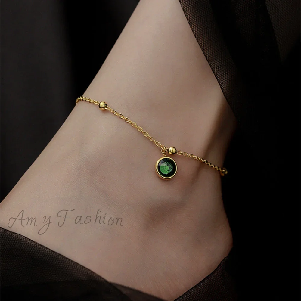 Trendy Temperament Round Green ZIRCON Anklet - Image 6