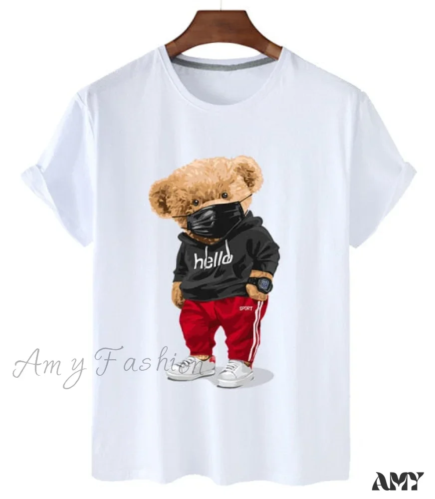 Amy Fashion - 100% Cotton Mask Bear Print Short-sleeved T-shirt - Image 2