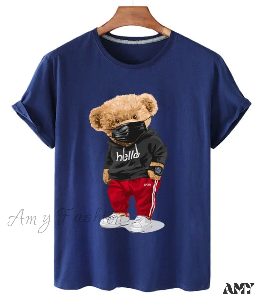 Amy Fashion - 100% Cotton Mask Bear Print Short-sleeved T-shirt - Image 3