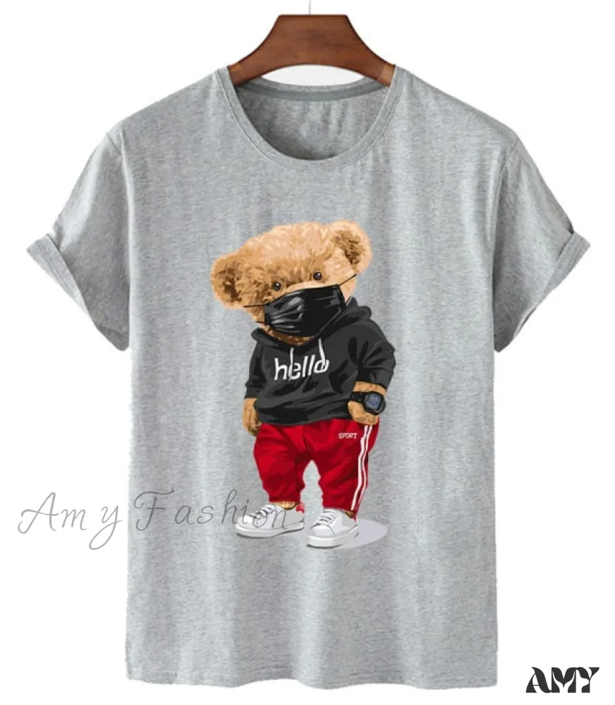 Amy Fashion - 100% Cotton Mask Bear Print Short-sleeved T-shirt - Image 4