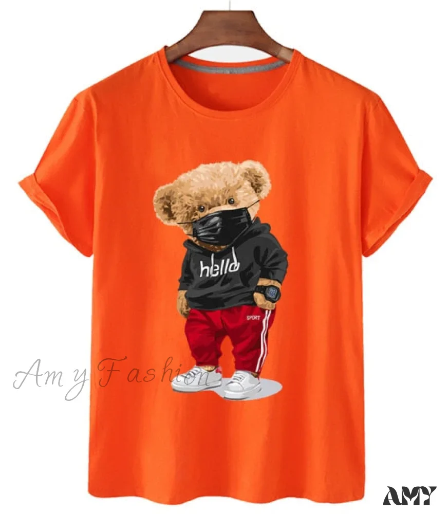 Amy Fashion - 100% Cotton Mask Bear Print Short-sleeved T-shirt - Image 5