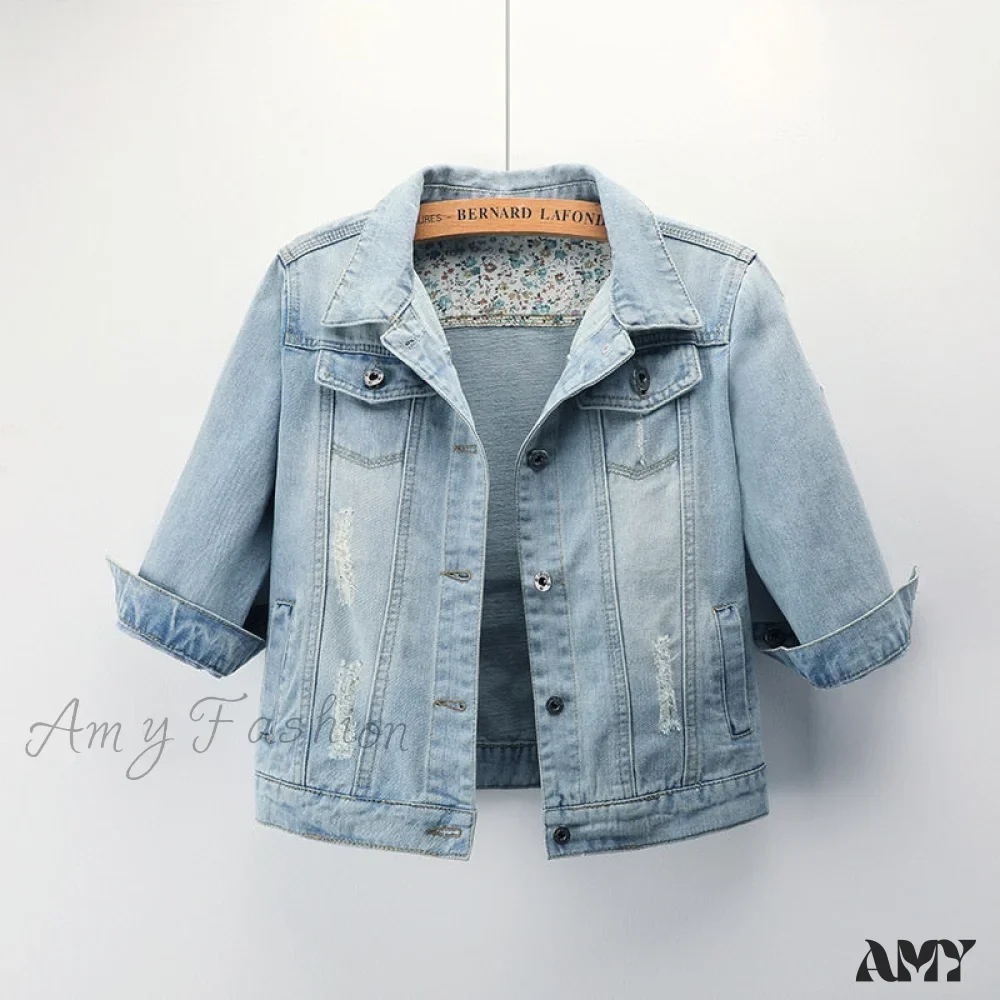 Amy Fashion - Slim Seven-point Sleeve Denim Jacket - Image 4