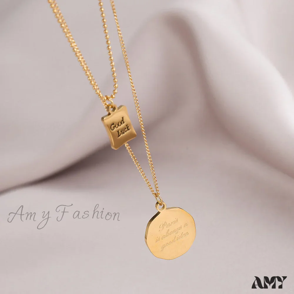 Titanium Steel Lucky Mini Board Double Layer Necklaces
