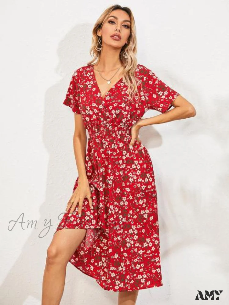 Amy Fashion - V-neck Short Sleeve A-line Chiffon Beach Midi Dresses - Image 3