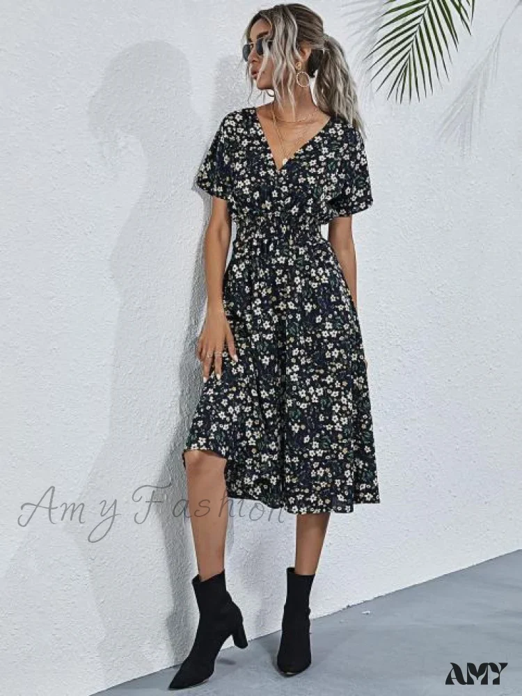 Amy Fashion - V-neck Short Sleeve A-line Chiffon Beach Midi Dresses - Image 5
