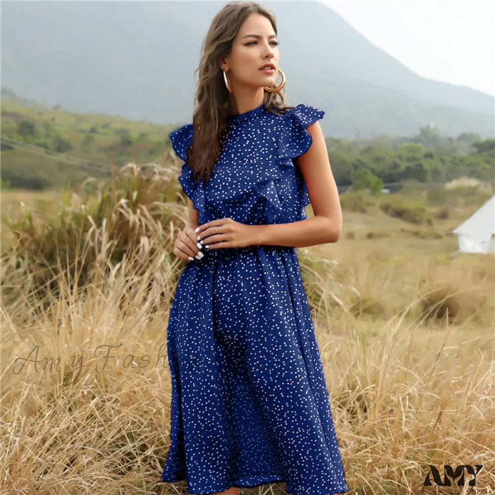 Amy Fashion - Butterfly Sleeve Ruffles Medium Long Vacation Dress