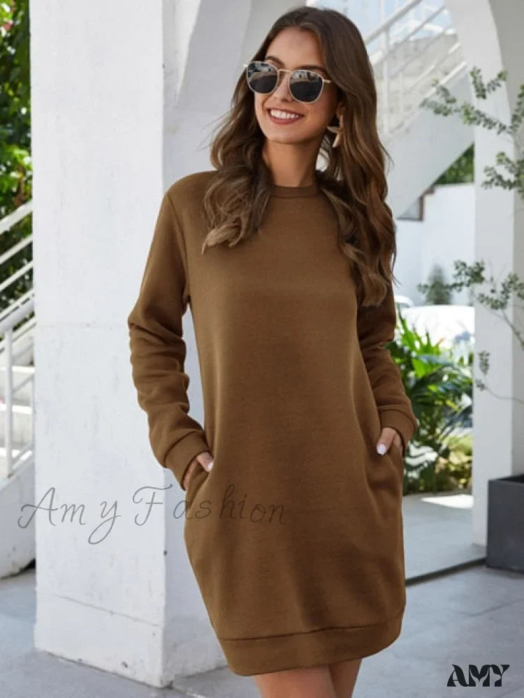 Amy Fashion - New Fashion Solid Loose Pocket Ladies Mini Dress - Image 10