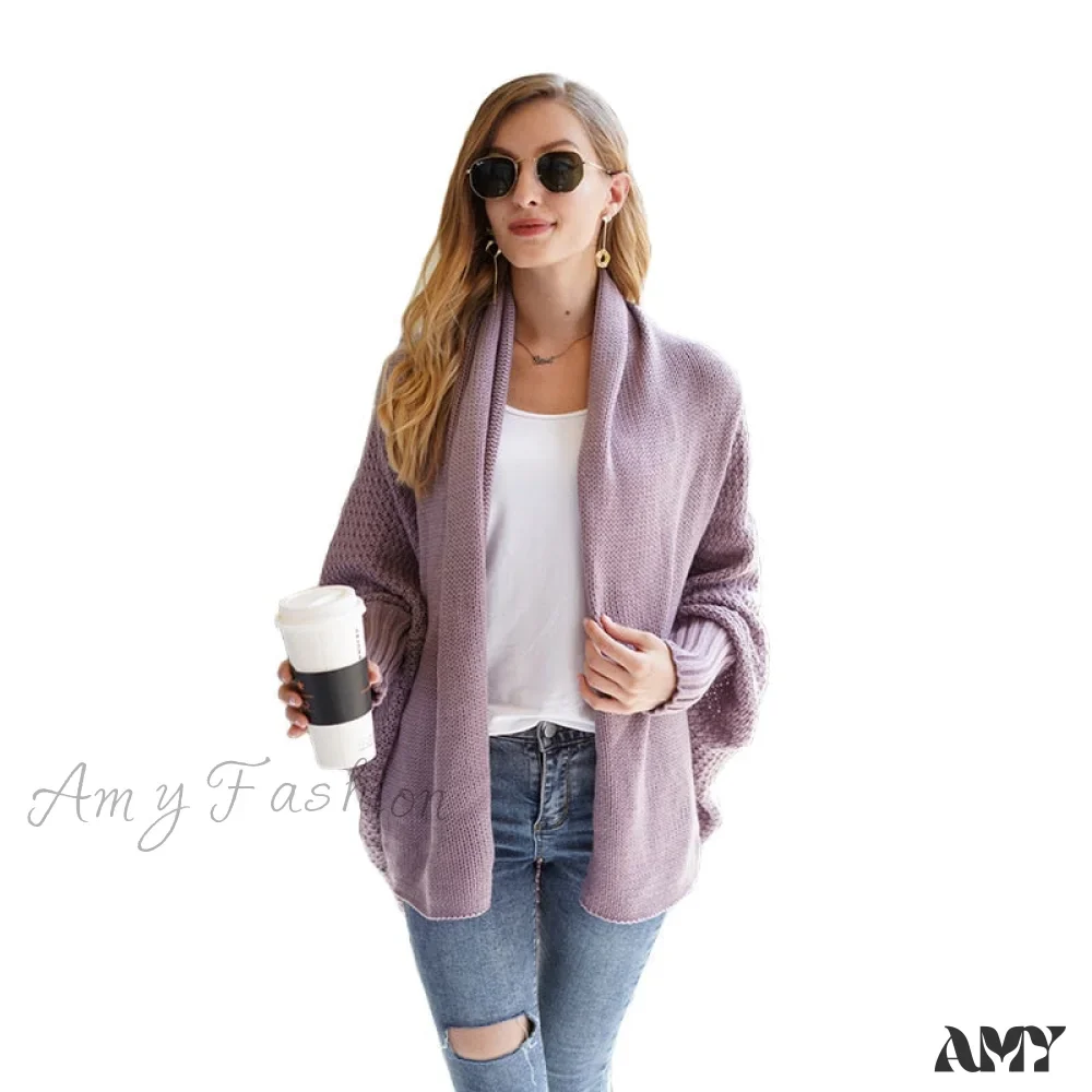 Amy Fashion - Solid Batwing Sleeve Loose-fitting Long Knitted Cardigan Sweater - Image 8