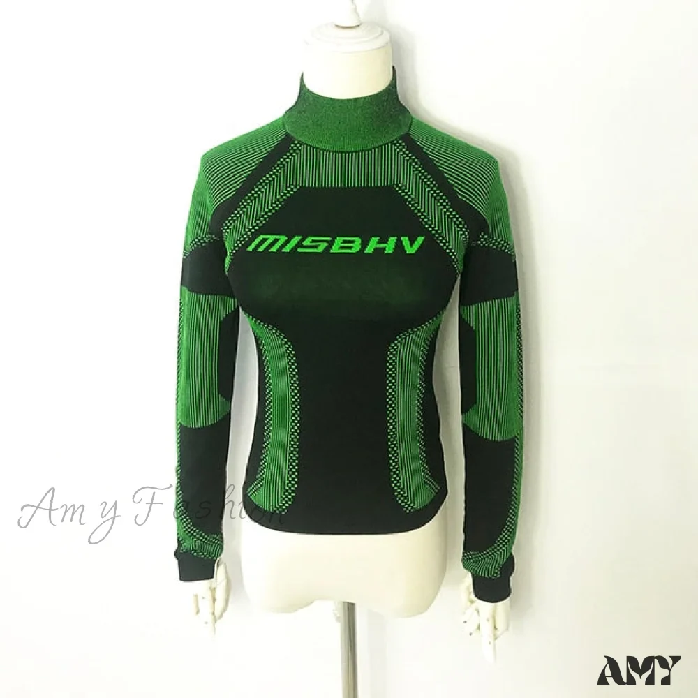 Amy Fashion - Letter Turtleneck Black Green Knitting Top - Image 3