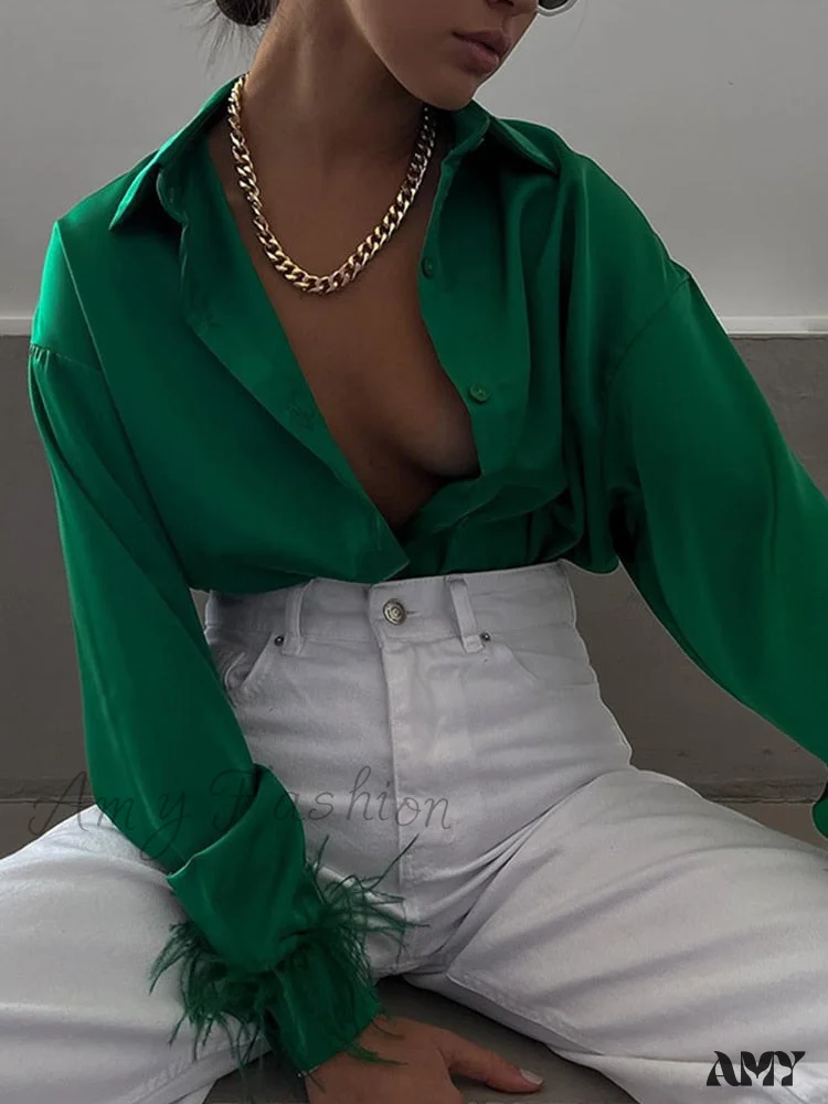 Amy Fashion - Elegant Long Sleeve Spliced Feathers Solid Blouse - Image 3