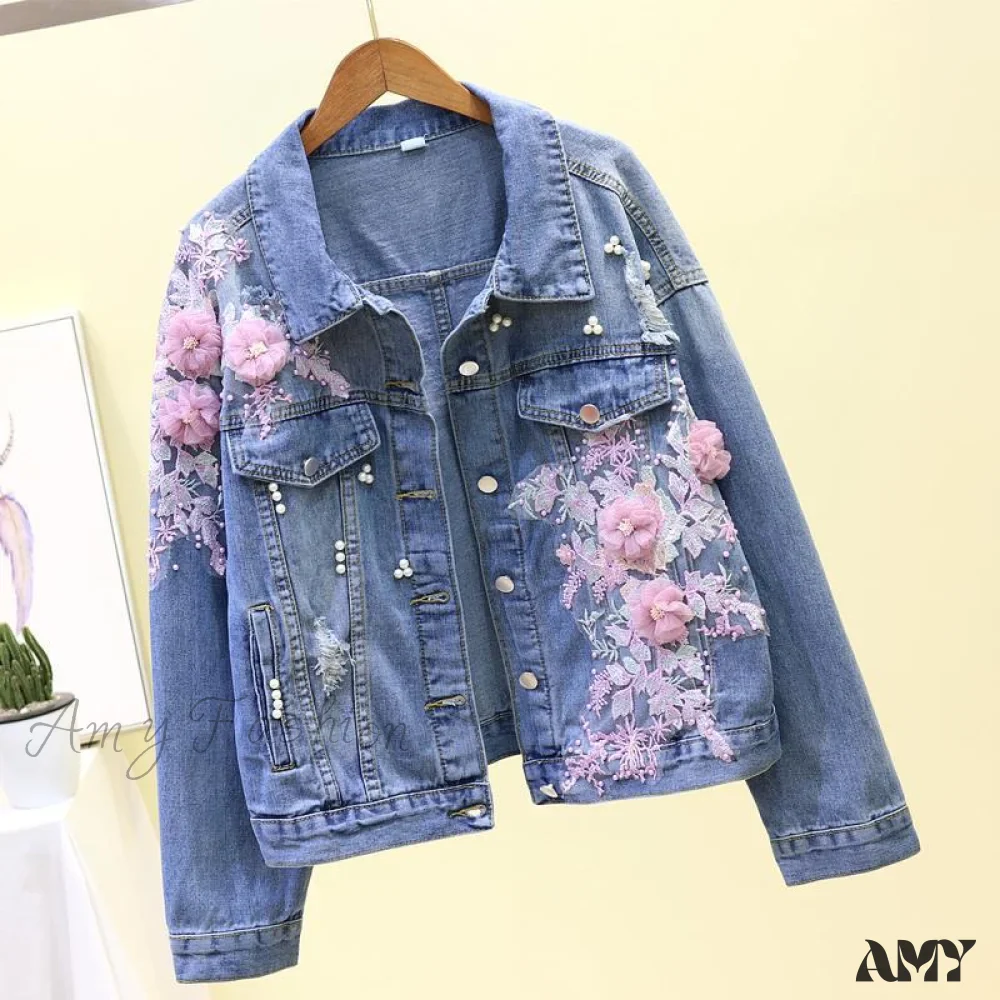 Amy Fashion - Flower Pearl Ripped Denim Jacket - Image 7