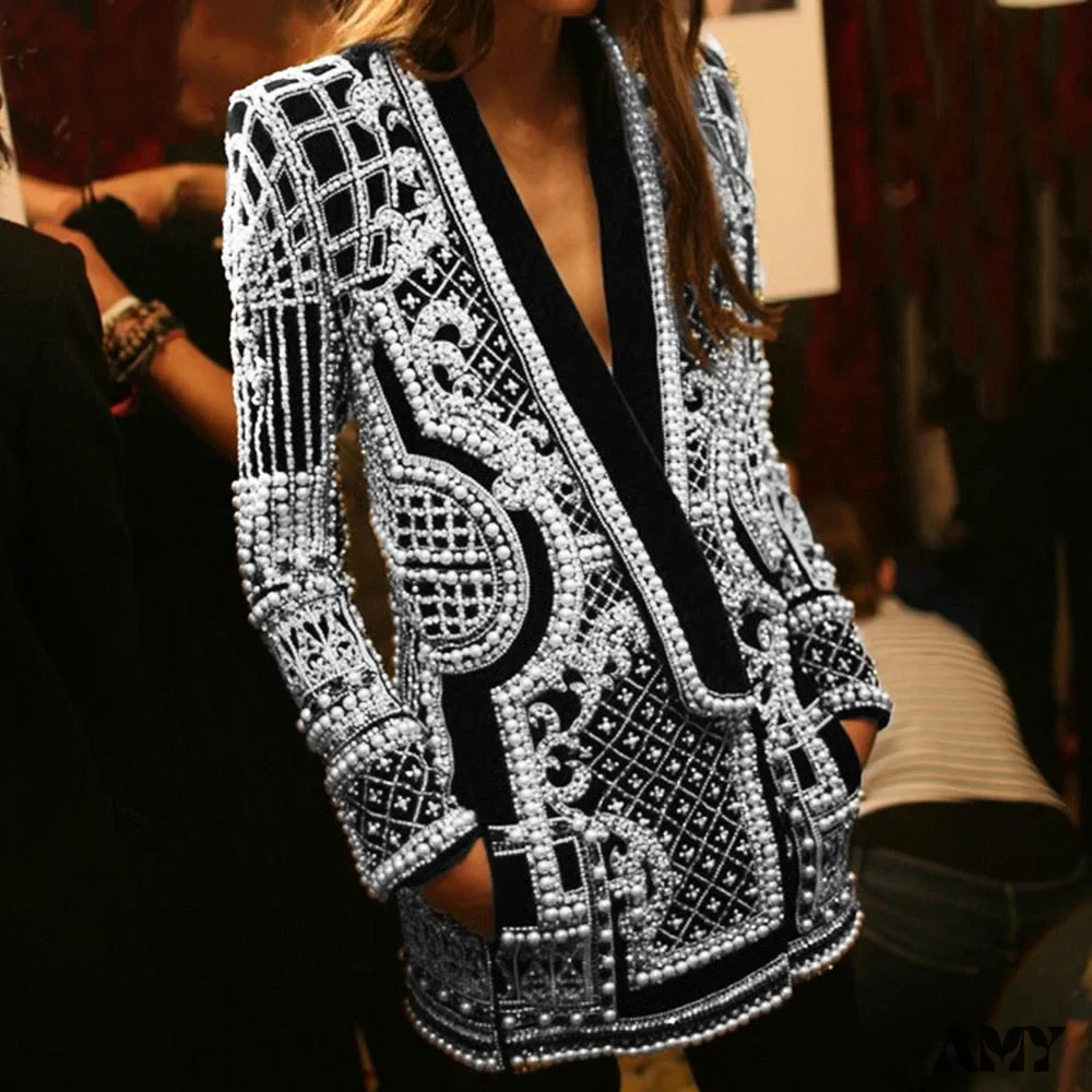 Amy Fashion - Beading Design Long Sleeve Vintage Coat - Image 2