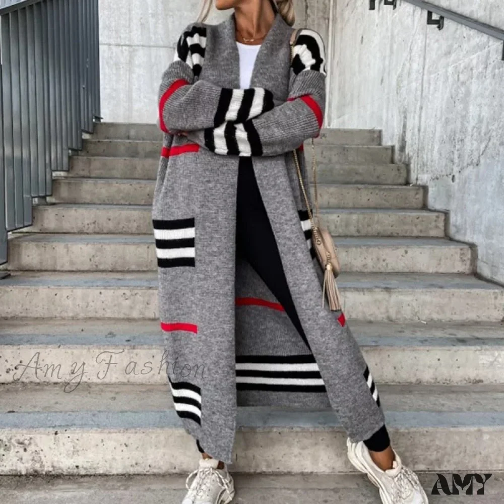Amy Fashion - Casual Striped Color Matching Knitted Long Sweaters Cardigan - Image 2