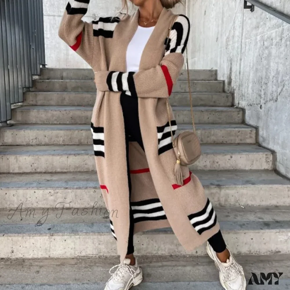 Amy Fashion - Casual Striped Color Matching Knitted Long Sweaters Cardigan - Image 3