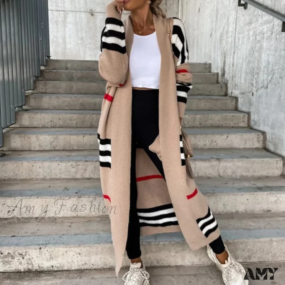 Amy Fashion - Casual Striped Color Matching Knitted Long Sweaters Cardigan - Image 4