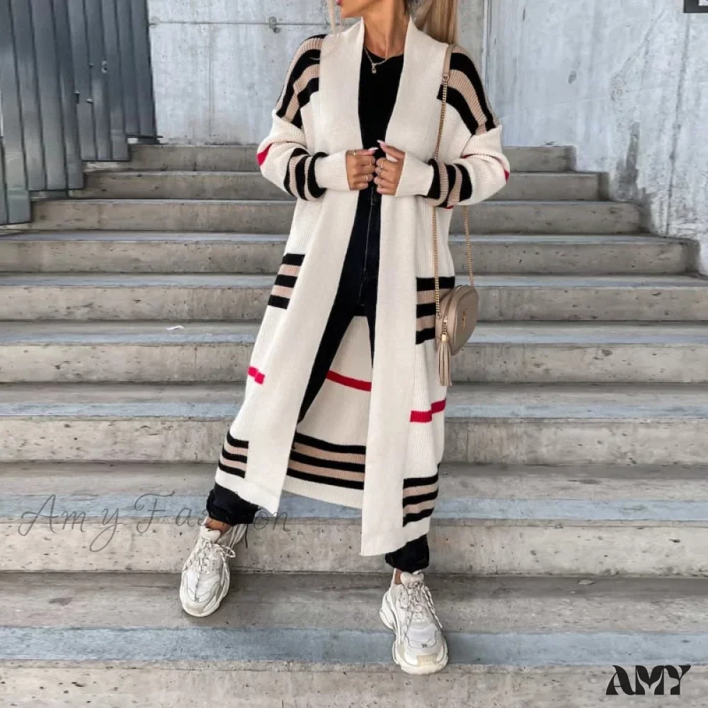 Amy Fashion - Casual Striped Color Matching Knitted Long Sweaters Cardigan - Image 5