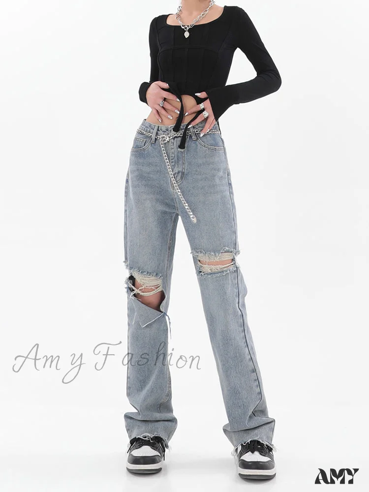 Amy Fashion - Chic Casual Y2k Ripped Jeans - Image 2