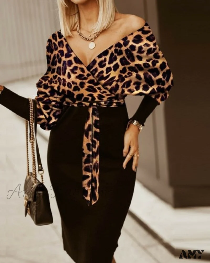 Amy Fashion - V-Neck Print Batwing Sleeve Skinny Wrap Midi Dress - Image 6