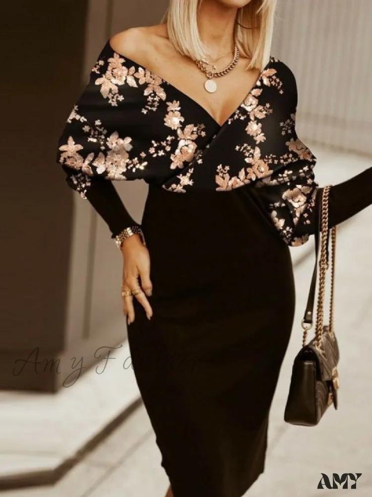 Amy Fashion - V-Neck Print Batwing Sleeve Skinny Wrap Midi Dress - Image 8
