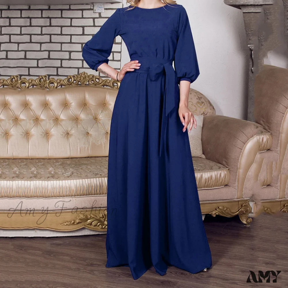 Amy Fashion - Lantern Sleeve Solid Belt Long Christmas Dress - Image 4