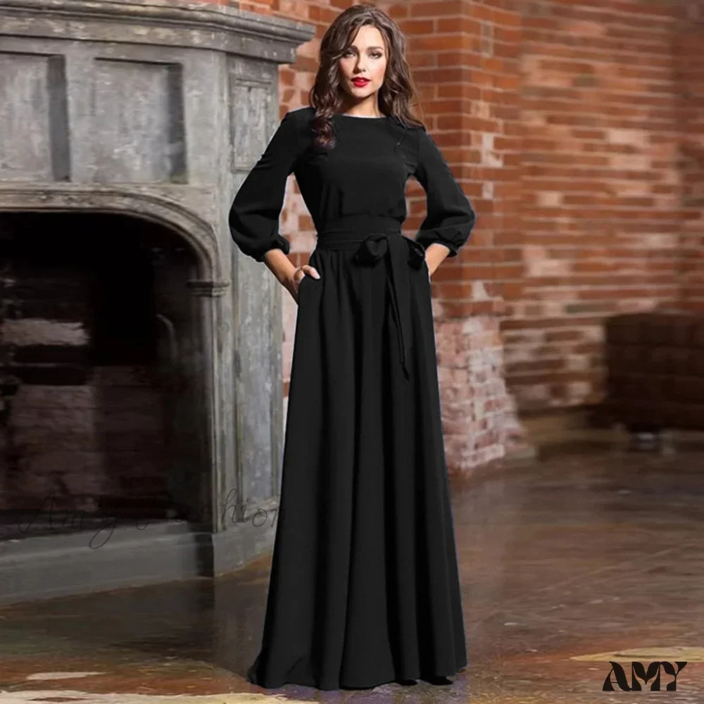 Amy Fashion - Lantern Sleeve Solid Belt Long Christmas Dress - Image 5