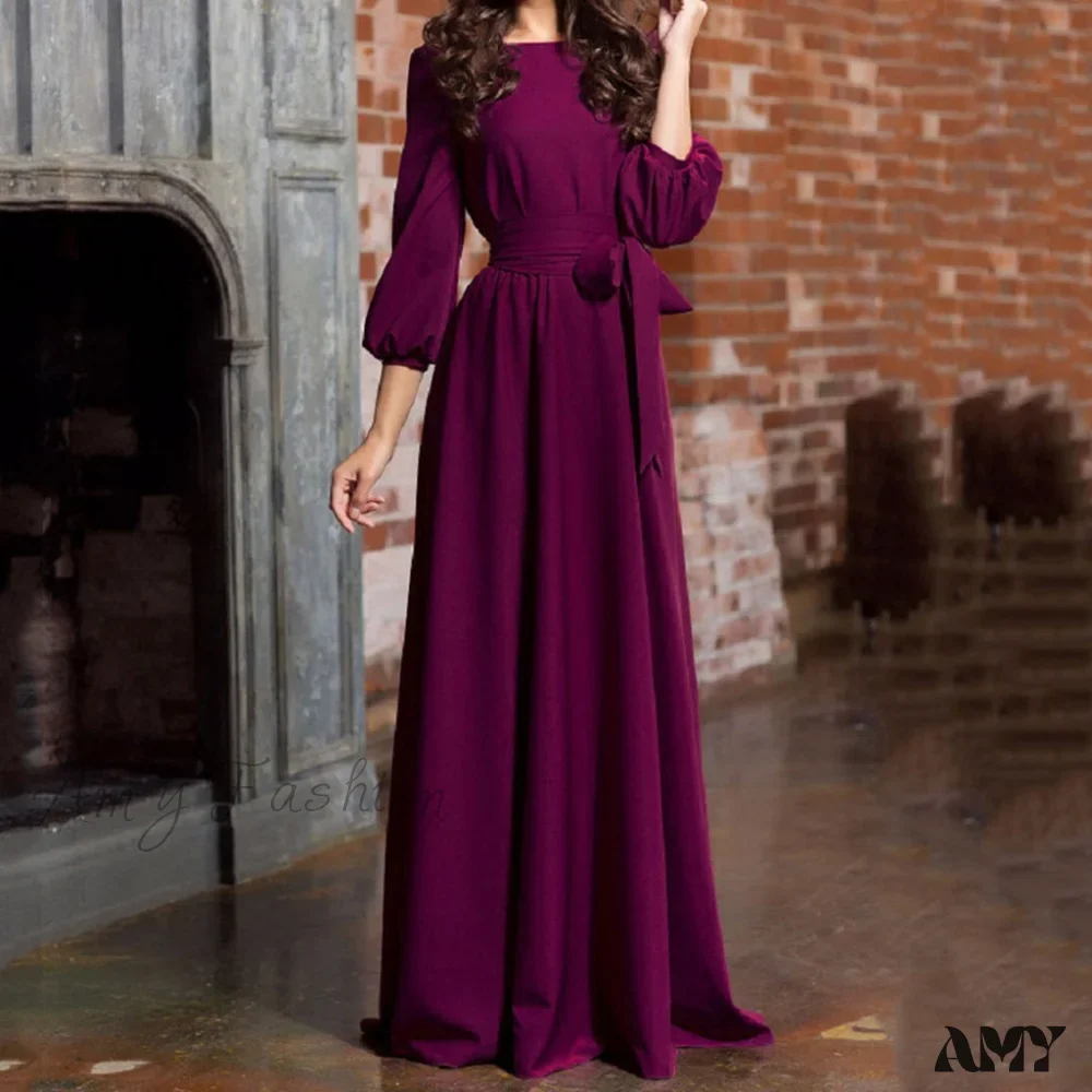 Amy Fashion - Lantern Sleeve Solid Belt Long Christmas Dress - Image 8