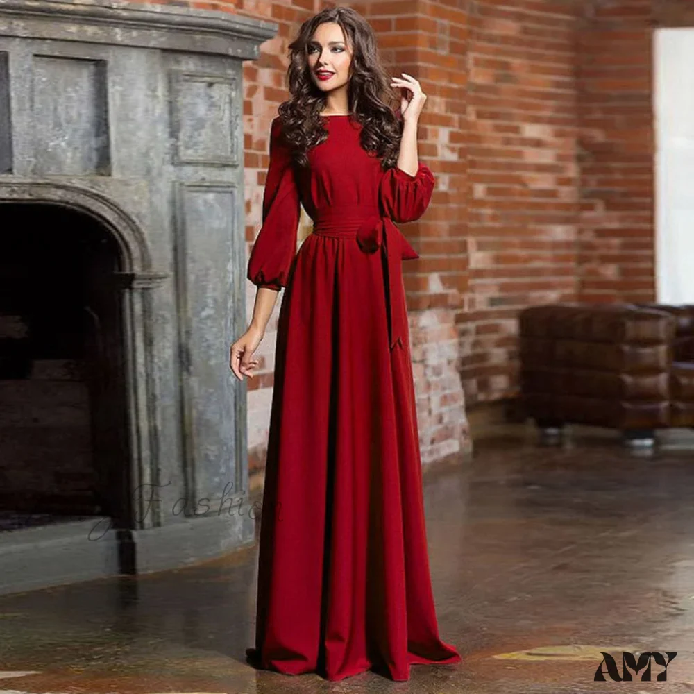 Amy Fashion - Lantern Sleeve Solid Belt Long Christmas Dress - Image 9