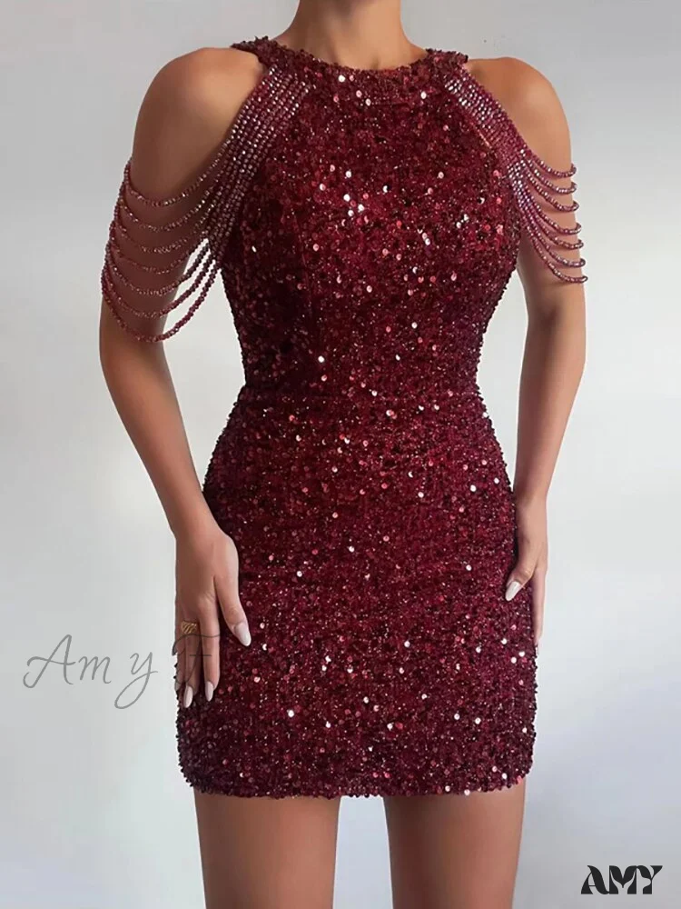 Amy Fashion - Sleeveless Off Shoulder Skinny High Waist Halter Chain Sequin Dress - Image 4