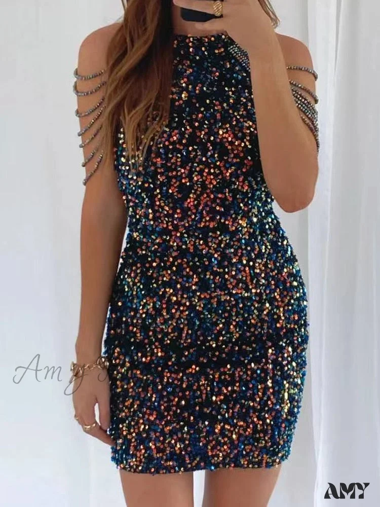 Amy Fashion - Sleeveless Off Shoulder Skinny High Waist Halter Chain Sequin Dress - Image 7
