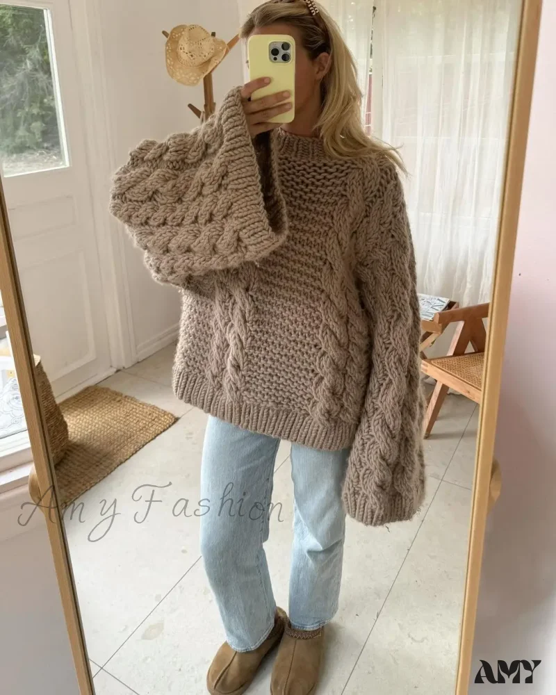 2024 Autumn Winter Oversize Knit Pullover Women Casual Lazy Round Neck Sweater - Image 7