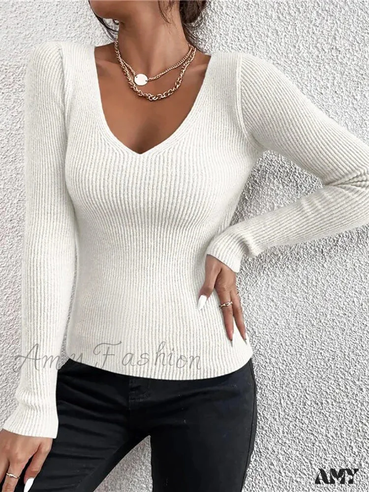 2024 Autumn Winter Women Solid Rib Knit V Neck Stripe Pull Femme Y2K Long Sleeve Fashion Tops Cozy Sweater - Image 2