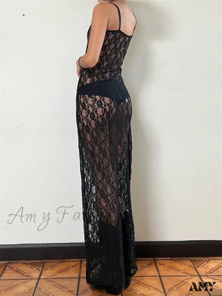 Amy Fashion - Lace Floral Mesh See Through  Summer Beach Cover Ups Women Sleeveless Strap Solid Slim Vestidos - Image 2