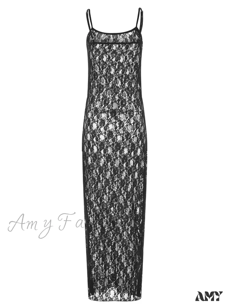Amy Fashion - Lace Floral Mesh See Through  Summer Beach Cover Ups Women Sleeveless Strap Solid Slim Vestidos - Image 3