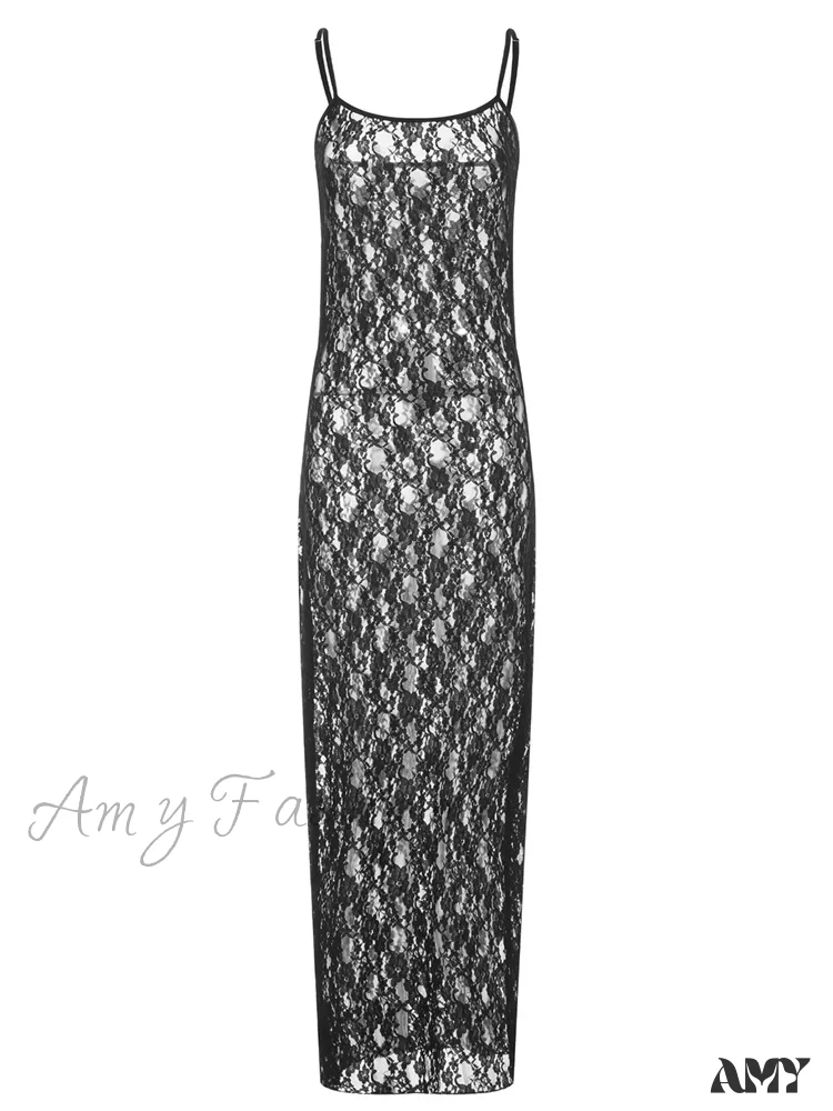Amy Fashion - Lace Floral Mesh See Through  Summer Beach Cover Ups Women Sleeveless Strap Solid Slim Vestidos - Image 4