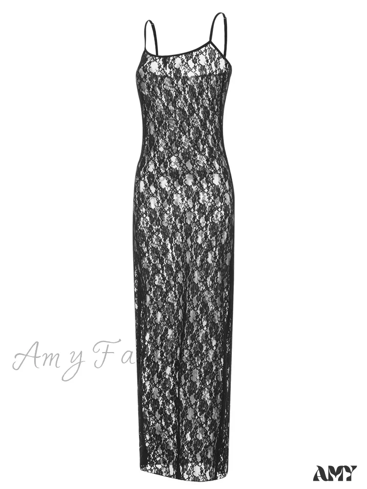 Amy Fashion - Lace Floral Mesh See Through  Summer Beach Cover Ups Women Sleeveless Strap Solid Slim Vestidos - Image 5