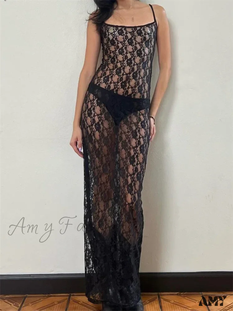 Amy Fashion - Lace Floral Mesh See Through  Summer Beach Cover Ups Women Sleeveless Strap Solid Slim Vestidos - Image 7