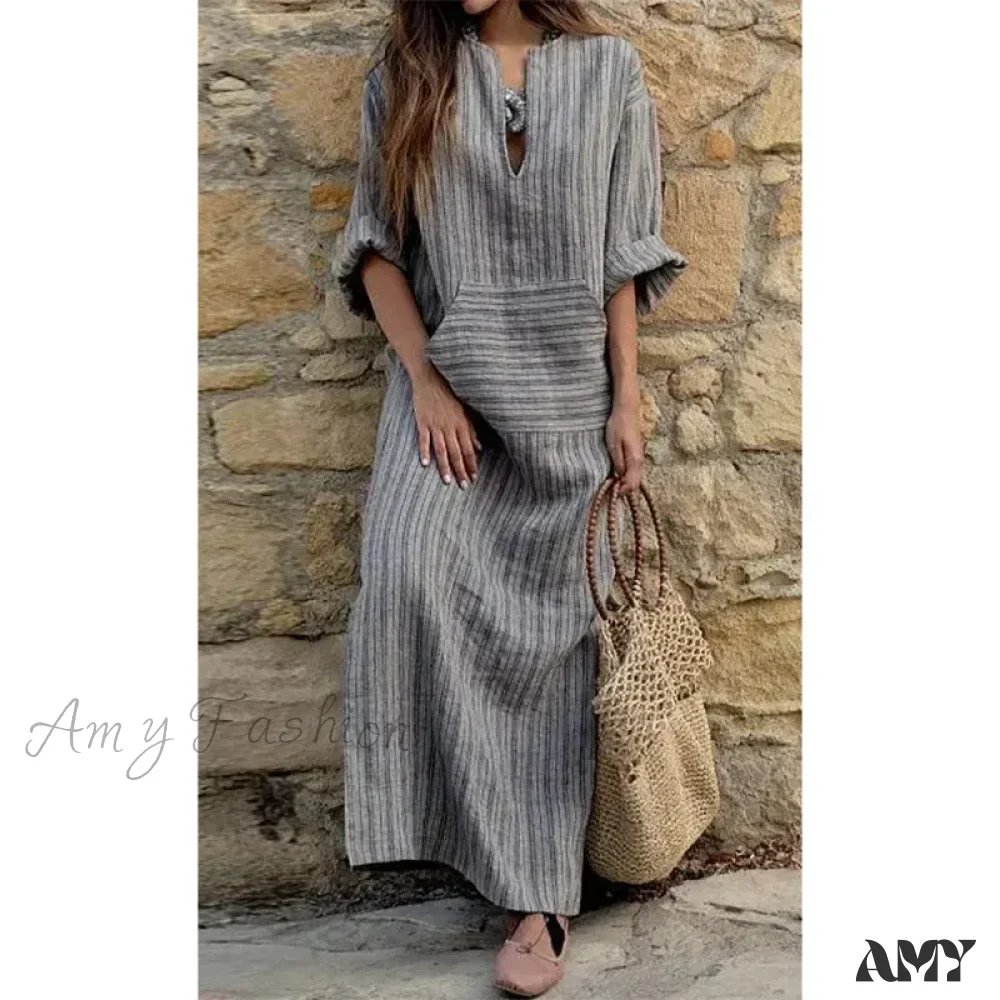 Amy Fashion - Summer Striped Cotton Linen Oversize Long Boho Dress - Image 2
