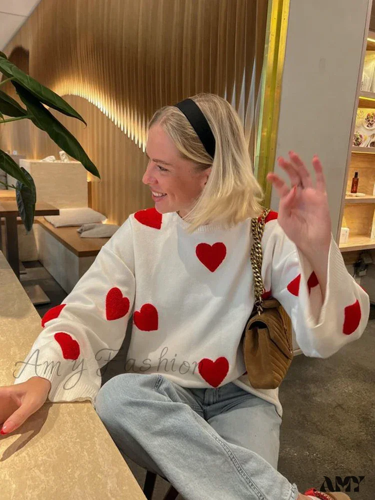 2024 Sweet Heart Women Fashion Cute Vintage Loose Knitted Pullover Knitwear Long Sleeve O-Neck Cozy Sweater - Image 2