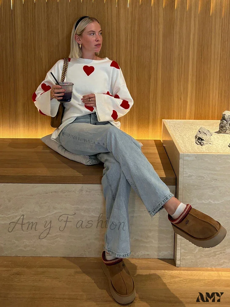 2024 Sweet Heart Women Fashion Cute Vintage Loose Knitted Pullover Knitwear Long Sleeve O-Neck Cozy Sweater - Image 3
