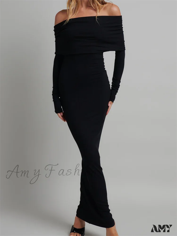 Amy Fashion - Women Slash Neck Off Shoulder Party Formal  Spring Autumn  Sleeve Slim Solid Female Vestidos
