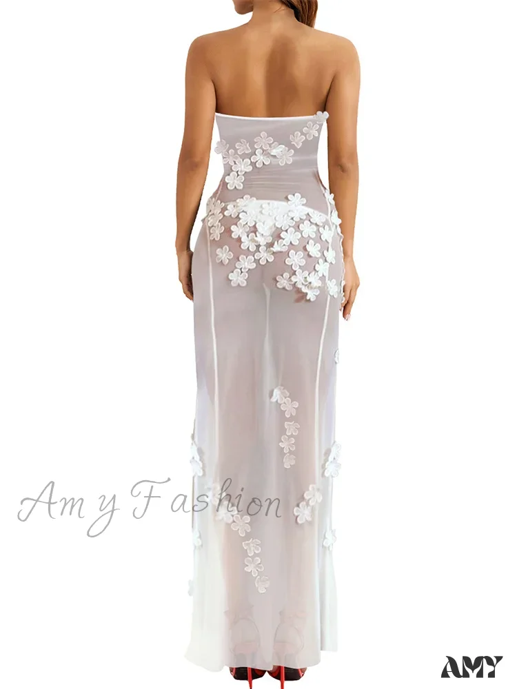 Amy Fashion - 3D Flowers Patchwork Tube  for Women Strapless Off Shoulder Mesh Sheer See Through Summer  Vestidos - Image 2
