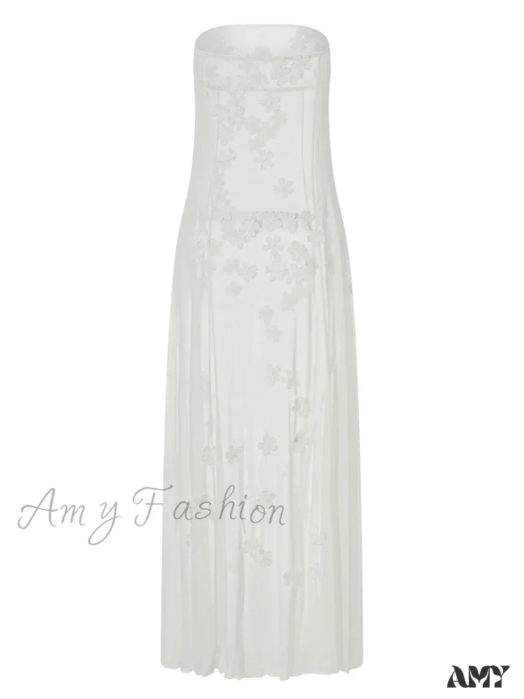 Amy Fashion - 3D Flowers Patchwork Tube  for Women Strapless Off Shoulder Mesh Sheer See Through Summer  Vestidos - Image 3