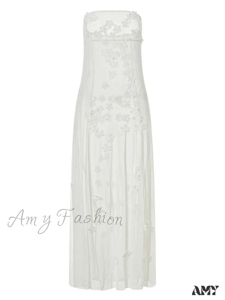 Amy Fashion - 3D Flowers Patchwork Tube  for Women Strapless Off Shoulder Mesh Sheer See Through Summer  Vestidos - Image 4
