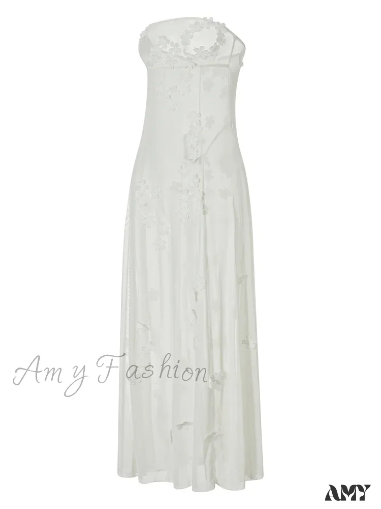 Amy Fashion - 3D Flowers Patchwork Tube  for Women Strapless Off Shoulder Mesh Sheer See Through Summer  Vestidos - Image 5