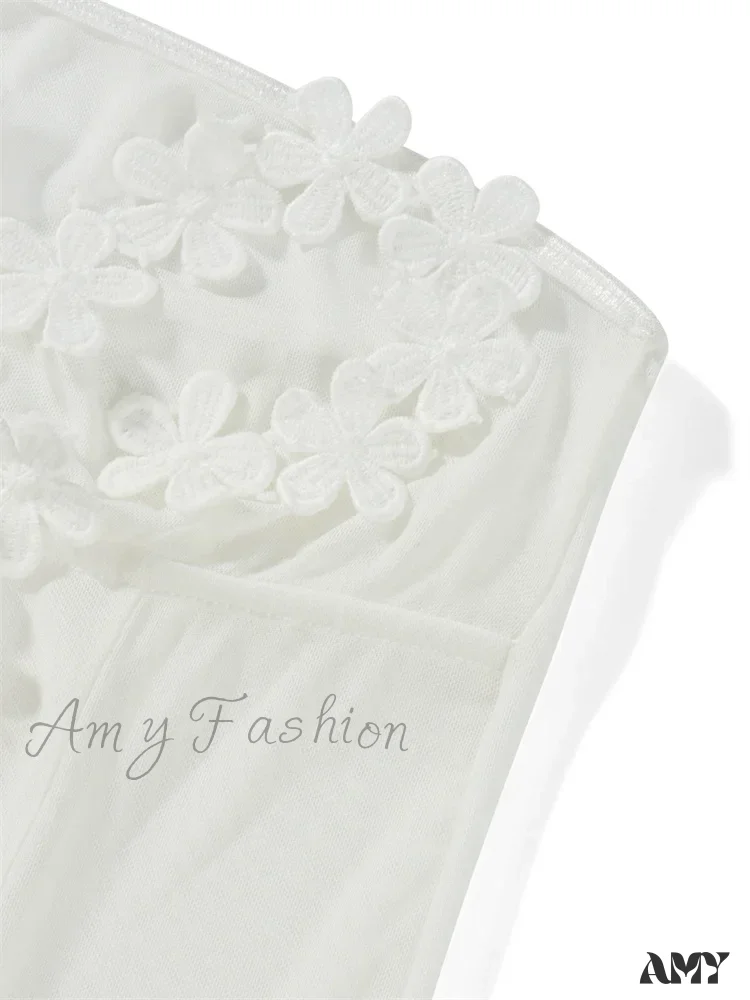 Amy Fashion - 3D Flowers Patchwork Tube  for Women Strapless Off Shoulder Mesh Sheer See Through Summer  Vestidos - Image 6