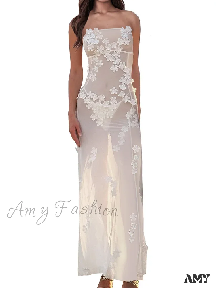 Amy Fashion - 3D Flowers Patchwork Tube  for Women Strapless Off Shoulder Mesh Sheer See Through Summer  Vestidos - Image 7
