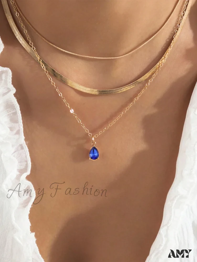 Amy Fashion - 3pcs Rhinestone Water-drop Charm Necklace - Image 12