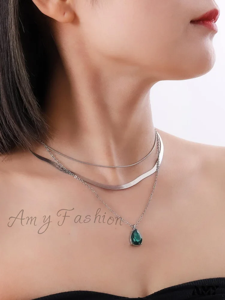 Amy Fashion - 3pcs Rhinestone Water-drop Charm Necklace - Image 13