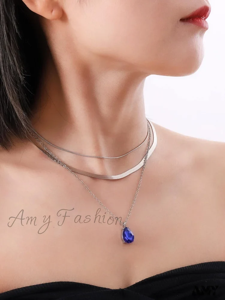 Amy Fashion - 3pcs Rhinestone Water-drop Charm Necklace - Image 14